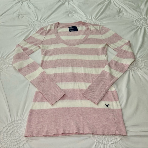 American Eagle Outfitters Y2K Pink & White Stripe V-Neck Long Sleeve Top Medium - Picture 6 of 14